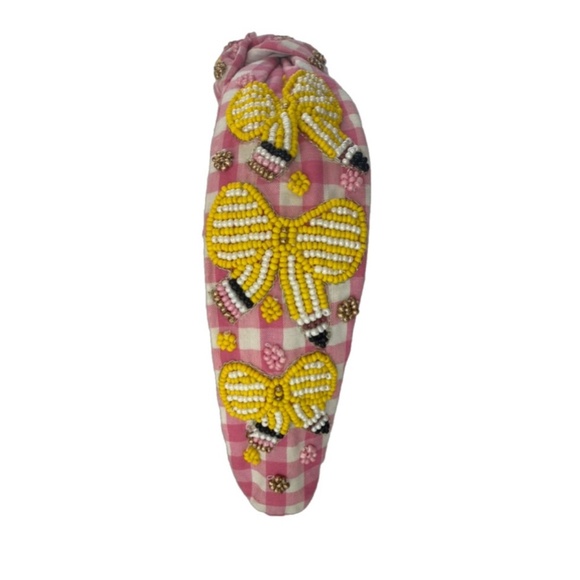 Brooke Shade Accessories - 207. NEW Back To School Gingham Pink Pencil Bow Beaded Headband